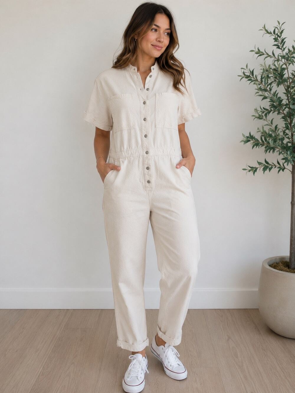 Everlane Organic Cotton Utility Jumpsuit Cream Size Large Short Sleeve
